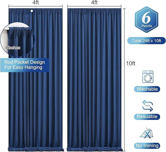 Navy Blue Backdrop Curtains-Wrinkle-Free Navy Blue Curtains Polyester Photography Drapes Wedding Background for Baby Shower Birthday Graduation Party Decorations - 24 X10FT (Navy Blue)