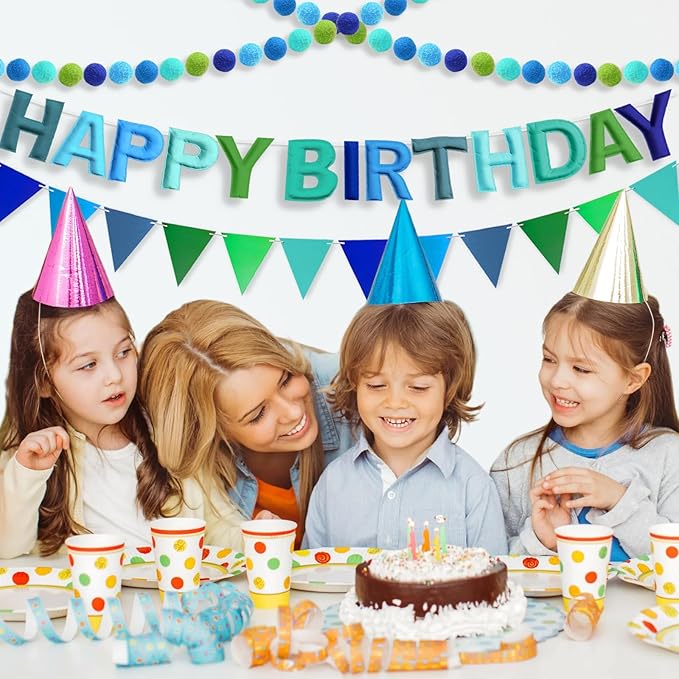 4PCS Pre-Strung Happy Birthday Banner - Felt Happy Birthday Garland, Ball Garland, Felt Pennant Flag, Blue Thread Tassel Reuasble Party Decorations for Boys Men Kids