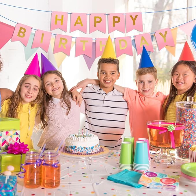 Happy Birthday Banner - Vibrant Happy Birthday Decorations & Sign, 250g Cardstock with 5m String, Perfect Party Decor for Kids, Men, Women & Celebrations, Pink