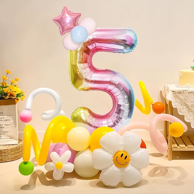 40 Inch Giant Rainbow Number 5 Balloons, Birthday Balloons, Helium Mylar Foil Big Number Balloons for Birthday Party Decorations, Kids' Birthday Anniversary Party Baby Shower Unicorn Parties