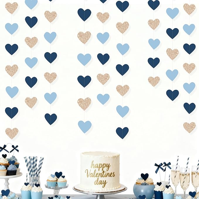 Navy Blue Champagne Gold Heart Party Decorations Glitter Paper Champagne Gold Dusty Blue Love Heart Hanging Garland Banner Streamer for Baby Shower Birthday Anniversary Valentines Day Wedding Party