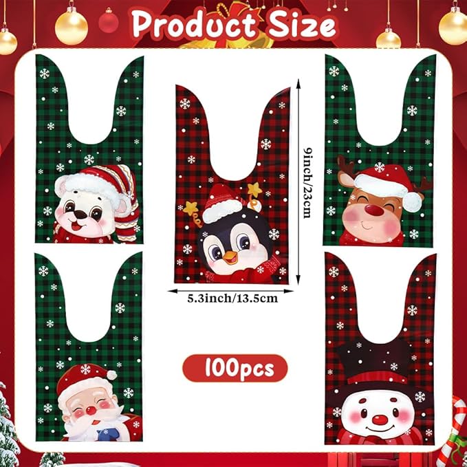 Christmas Treat Goodie Bags, 100 Pcs Xmas Plastic Cellophane Candy Cookie Snack Rabbit Ears Gift Bag, Plastic Goody Present Wrapping Bag for Christmas Holiday Event Party Favors Decoration (5 Designs)
