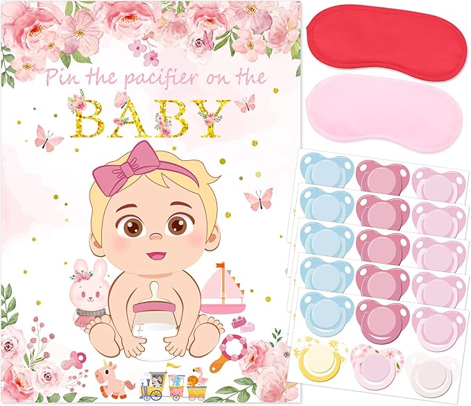 WNINK Pin The Pacifier On The Baby Pink Baby Shower Game Party Decorations Include Large Poster 30 Pacifier Stickers Game Set for Baby Shower Activity, Gender Reveal, Birthday Party Decor Supplies