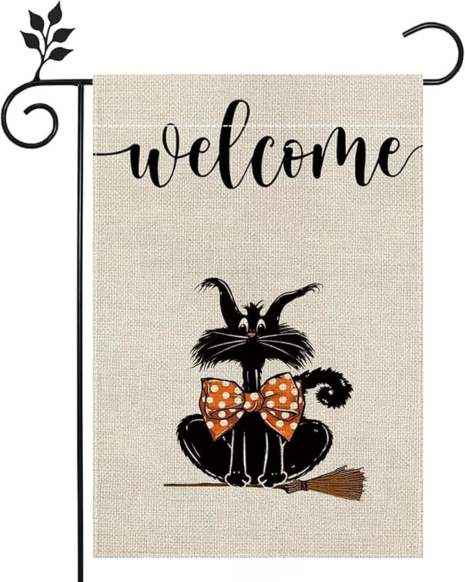 Boo Welcome Halloween Garden Flag 12x18 inch Double-sided Burlap Black Cat Pumpkin Home Outdoor Yard Flag Decoration -C