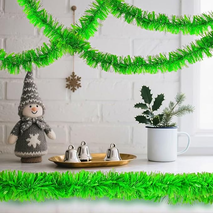 33FT Christmas Tinsel Garland Lime Green Metallic Hanging Twisted Garland for Christmas Tree Fireplace Mantle Xmas Party Home Decoration