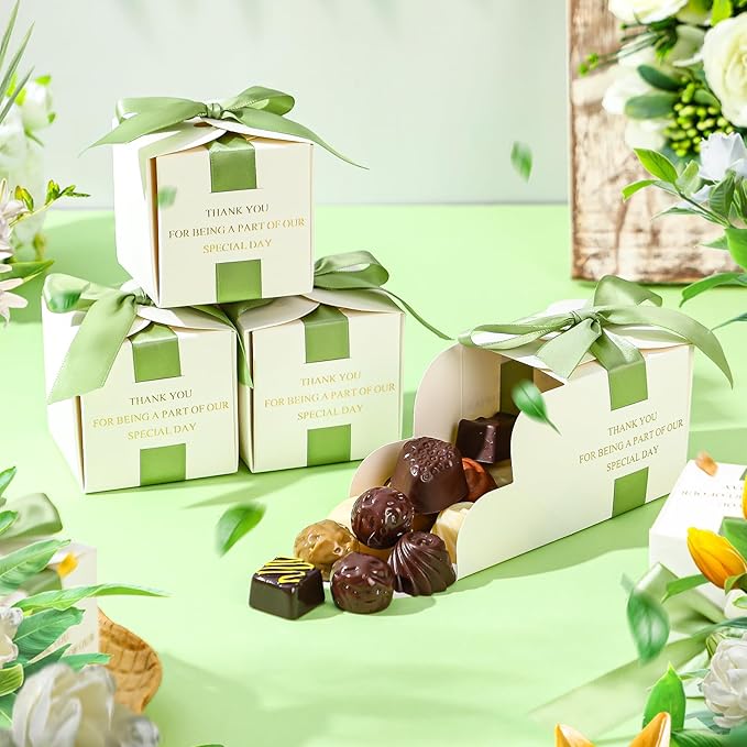 Marspark 50 Pcs Wedding Favor Boxes, 2.5 x 2.5 x 2.5 Inch Wedding Party Candy Boxes with Green Ribbons Bridal Gift for Guests Bridal Shower Birthday Party Anniversary Supplies