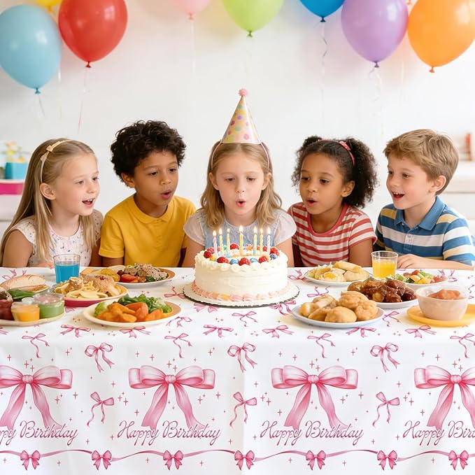 Gatherfun Pink Bow-Themed Party Supplies Set for Women: Happy Birthday & Bachelorette Decorations Combo - Includes 2 Disposable Tablecloths (54 x 108 inch) for Birthday & Tea Party Decorations