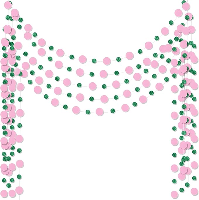 Outus 5 Pieces Pink,Green Round Dots Garland Easter Graduation Party Hanging Decor Each Length 13.1ft Glitter Paper Dot Streamers for Birthday Wedding Classroom