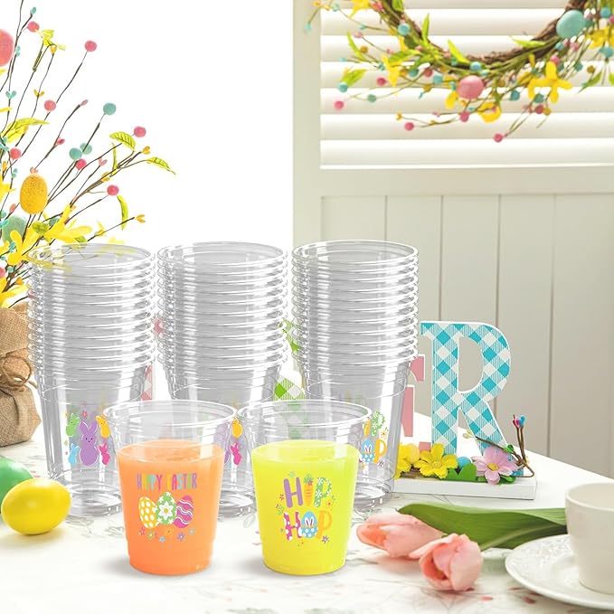 100 Pcs Happy Easter Plastic Cups, 12 Oz Rabbit Bunny Eggs Disposable Clear Party Cups for Spring Easter Party Decoration Supplies Cold Drinking Beverage Ice Cream Snacks