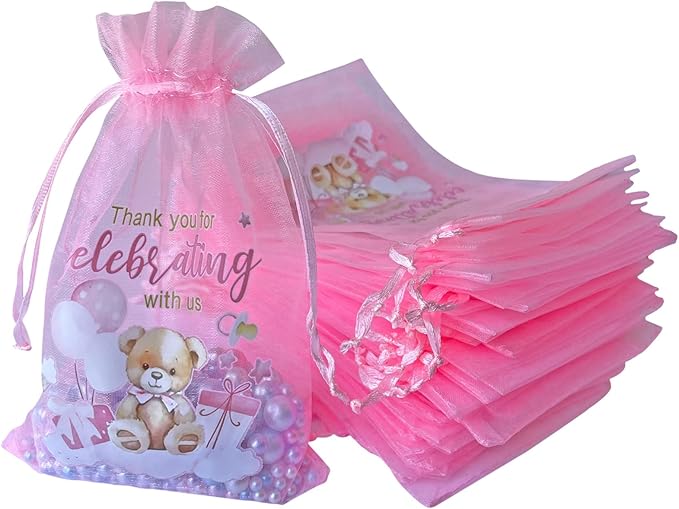 LXKBD 50PCS Organza Bags for Baby Shower Party Favor,4x6 Inch Small Pink Sheer Drawstring Mesh Pouch Treat Bags for Girl Birthday Gift Bag