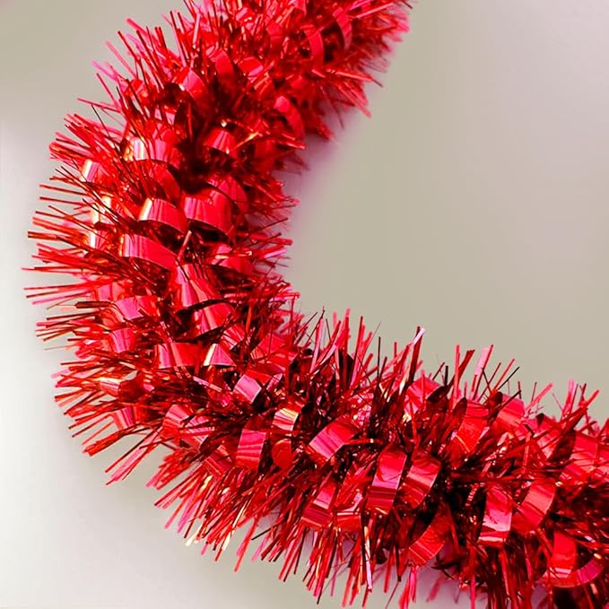 33Ft Christmas Tinsel Garland Shiny Thick Tinsel Xmas Tree Decorations Metallic Twist Foil Red Garland for New Year Parties Valentines Day Easter Parade Floats Indoor Outdoor Supplies - Red