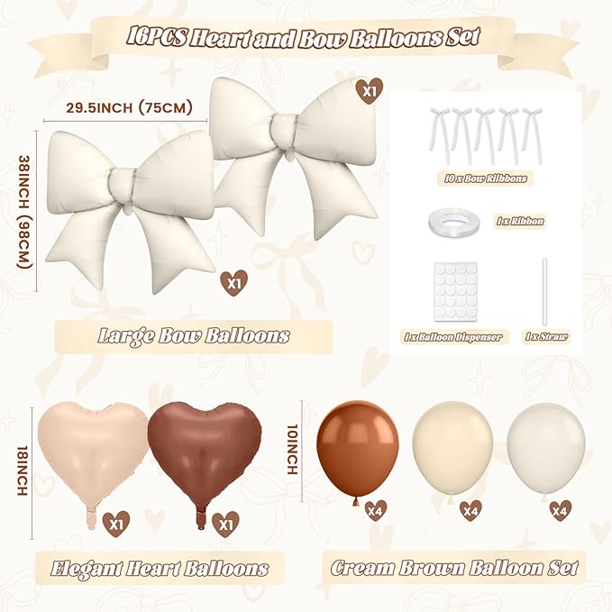 16Pcs Apricot Brown Heart Balloons, 38 Inch Bow Balloons, Tan Beige Sand White Balloon and Bow Heart Shaped Foil Balloon for Neutral Birthday Wedding Bridal Baby Shower Valentines Day Decorations