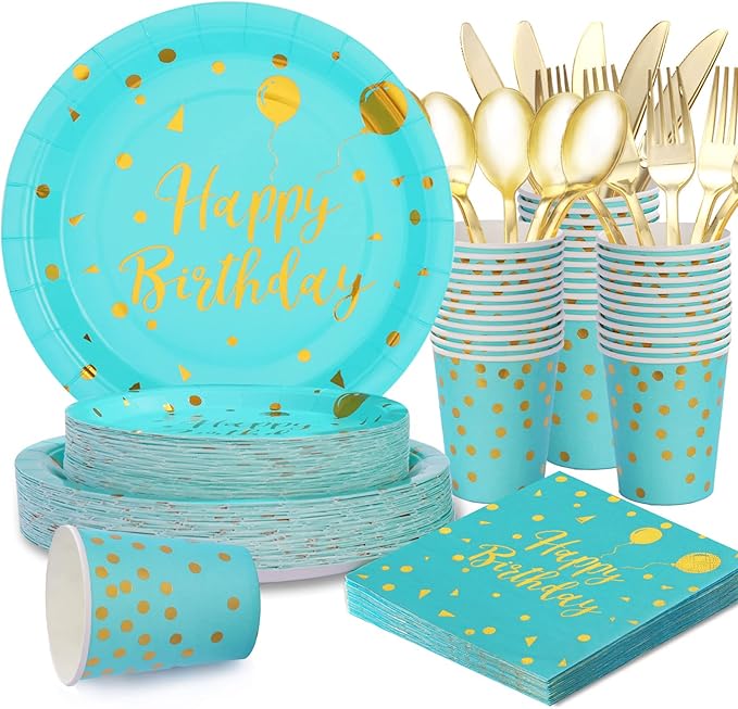 175PCS Teal and Gold Birthday Decorations, Teal Birthday Supplies Includes Disposable Paper Plates and Napkins, Cups, and Gold Plastic Sliverware for Party, Baby Shower, Serves 25