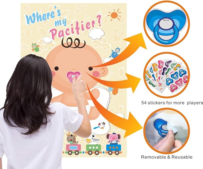 ADJOY Pin The Pacifier on The Baby Game - Baby Shower Party Favors Dummy Pin Game