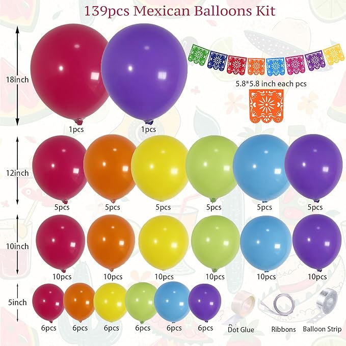 139Pcs Colorful Mexican Cinco De Mayo Balloon Kit With Mexicana Papel Picado Fiesta Banner for Día De Muertos, Loteria Taco Bout Baby Shower My First Birthday Party Decoración