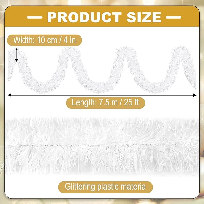 25 Feet Christmas Tinsel Garland, Metallic Twist Garland Wall Hanging Tinsel Garland Backdrop for Parade Floats, Carnival, Birthday, Wedding, New Year Party Decorations (Macaron White, 4in x 25ft)