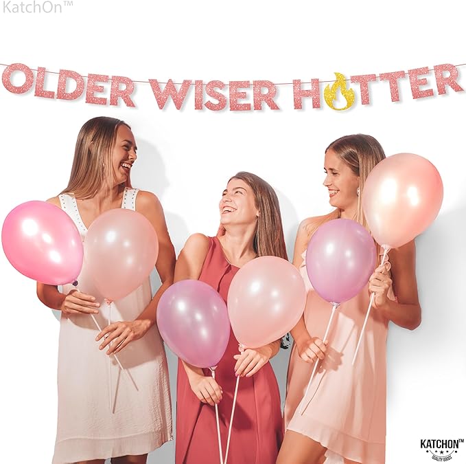 KatchOn, Glitter Older Wiser Hotter Banner - No DIY, 10 Feet | Rose Gold Birthday Banner, Birthday Decorations For Adult Women | 30th 40th 60th 70th 50th Birthday Decorations Sign