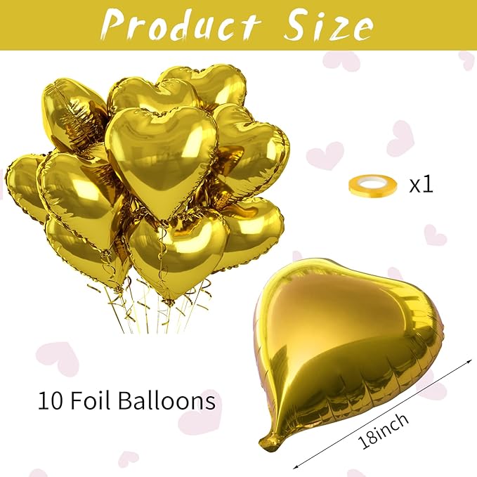 Gold Heart Foil Balloons - 10PCS Heart Shaped Valentines Decorations, 18inch Love Balloons for Helium Wedding, Birthday, Anniversary