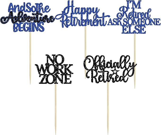 Gyufise 30Pcs Happy Retirement Cupcake Toppers Officially Retired Cake Toppers No Work Zone Adventure Begins Cupcake Picks for Retirement Theme Farewell Birthday Party Decorations Supplies Blue Black