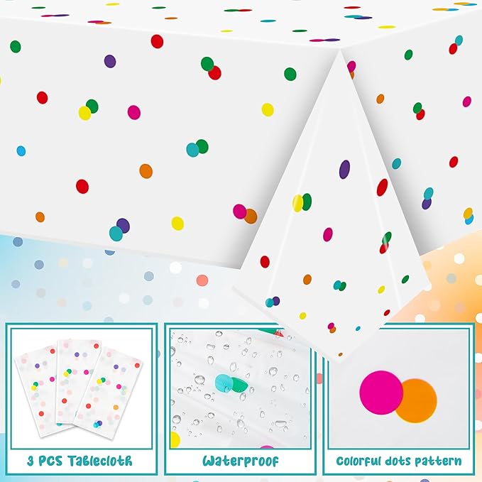 K1tpde Colorful Rainbow Party Tablecloth - 3PCS Colorful Dot White Plastic Tablecloth, Multicolor Dot Birthday Disposable Tablecover, Rainbow Dots Party Supply for 1st Baby Shower Birthday Decorations