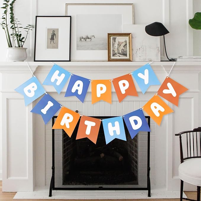 Blue and Orange Happy Birthday Banner Birthday Party Banner NO DIY Happy Birthday Sign Pre-Strung Birthday Decorations for Women Men Girl Boy Party Supplies (Blue and Orange)
