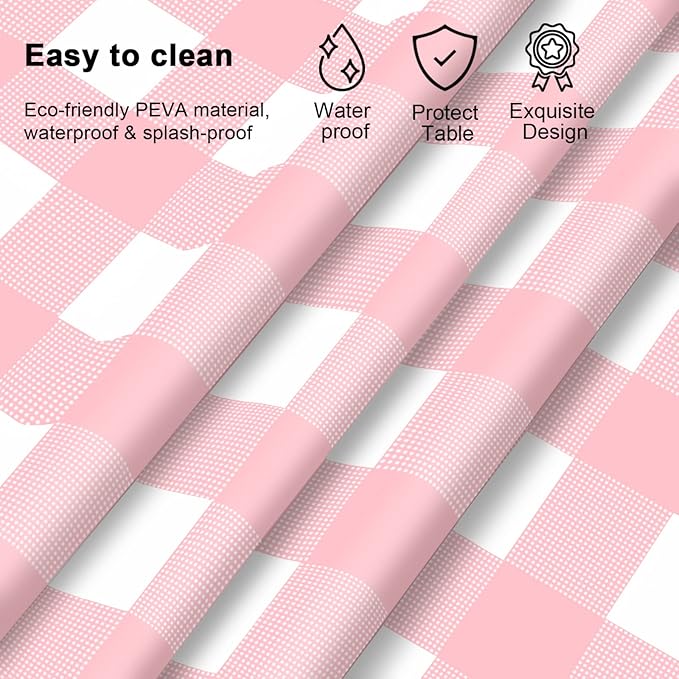 12 Pcs Pink Gingham Tablecloth 54 × 108 Inches Pink and White Checkered Table Cloth Disposable Plastic Waterproof Tablecover for Outdoor Picnic, Birthday Party, Holiday Dinner