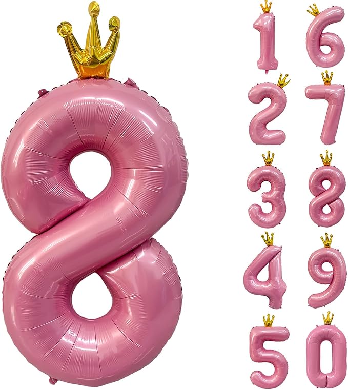 40 inch Pink Number 8 Balloon with Crown, Pink Crown Balloons 0-9 for 8th Birthday Party Anniversary Decorations Supplies