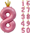40 inch Pink Number 8 Balloon with Crown, Pink Crown Balloons 0-9 for 8th Birthday Party Anniversary Decorations Supplies