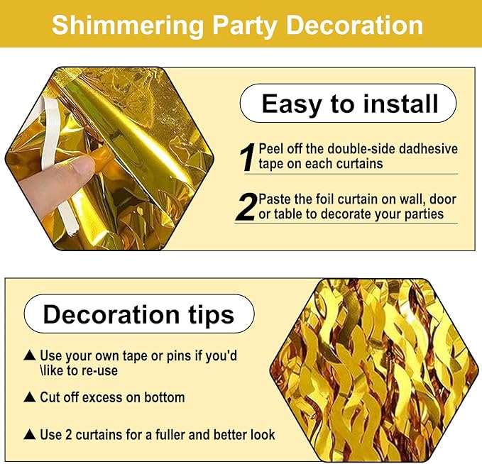 4 Pack Gold Wave Foil Fringe Curtain Backdrop, 3.28Ft x 8.2Ft Metallic Tinsel Foil Fringe Streamer Curtains for Photo Booth, Mother's Day, Easter, Birthday, Wedding Party Decoration