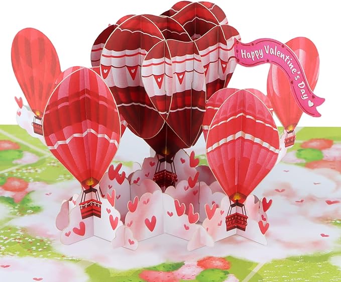 FaCraft Valentines Day Card - 3D Hot Air Balloon Happy Pop Up Valentines Cards with Envelope, Balentines Day Gift for Him Her Wife Husband Boyfriend Adults
