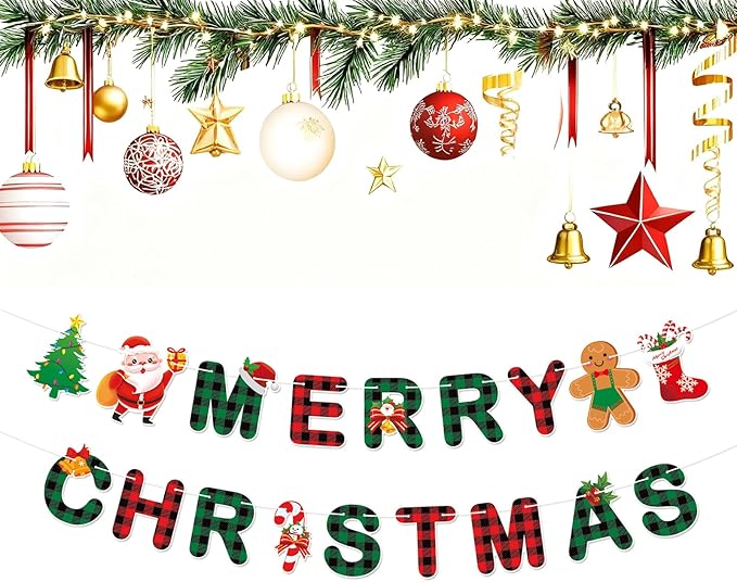 Merry Christmas Banner,Pre-Strung Red Green Buffalo Plaid Christmas Banner, Gingerbread Xmas Tree Garland Sign for Christmas Party Decorations,Indoor,Home, Office,Fireplace,Wall,Windows,Holiday Decor