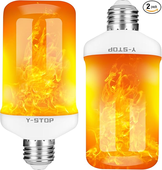 Y- STOP LED Flame Light Bulbs, Upgraded 4 Modes Fire Light Bulb with Upside Down Effect, E26 Base Flickering Light Bulb for Halloween Decorations, Christmas, Outdoor, Indoor, Home Decor, White, 2 Pack