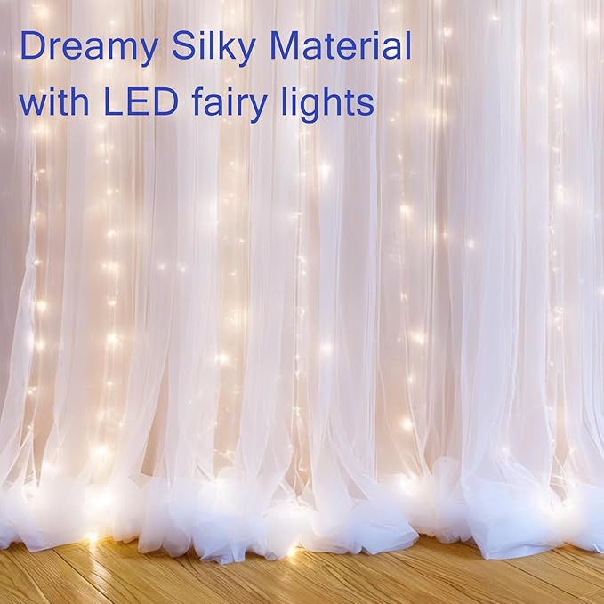 White Tulle Backdrop Curtain with Lights, Elegant Sheer Photo Backdrop Drapes, Soft Fabric Curtain for Weddings Brithday Parties Photography Background Decor, 10ftx8ft