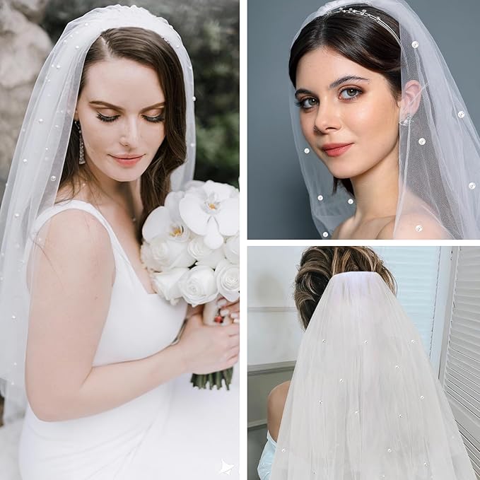 Bride to Be Set: Pearl-Trimmed Heart Sunglasses, Pearl BRIDE Sash & Tulle Veil - Bachelorette Party Bridal Accessories