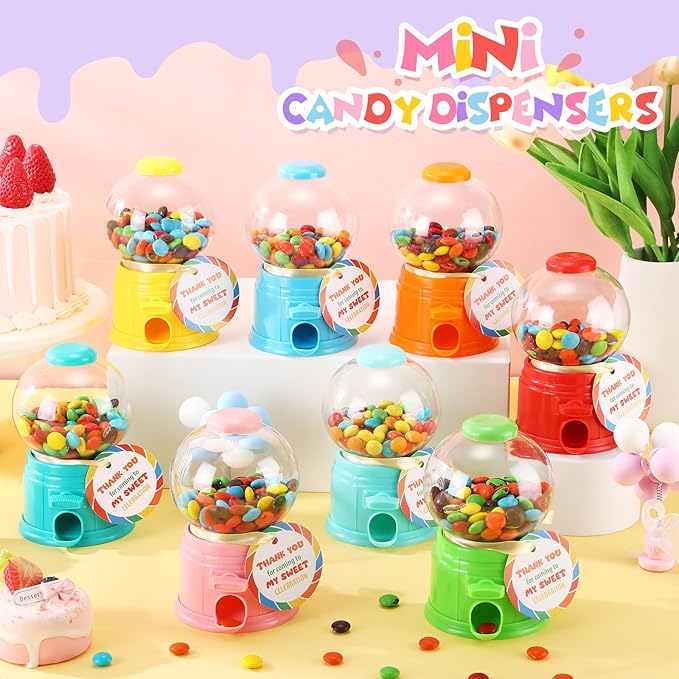 16 Set Candy Theme Party Favors with 5 Inch Mini Candy Dispenser Thank You Cards Plastic Gumball Machines for Birthday Party Supplies Sweet Celebration Decorations