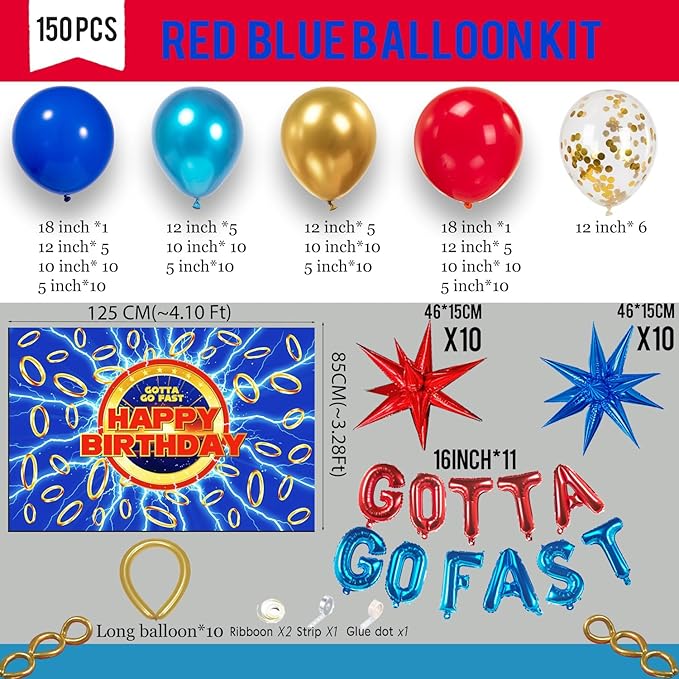 Red Blue Gold Hedgehog Birthday Party Decorations with small balloon arches gotta go fast Letter Star foil balloons backdrop for video game Cartoon Movies Super hero themed birthday party decor