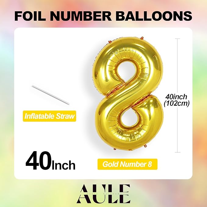 AULE 40 Inch Big Gold 8 Balloon Number Large Foil Helium Number Balloons 0-9 Jumbo Giant Happy 8th Birthday Party Decorations for Boy or Girl Huge Mylar Anniversary Party Supplies