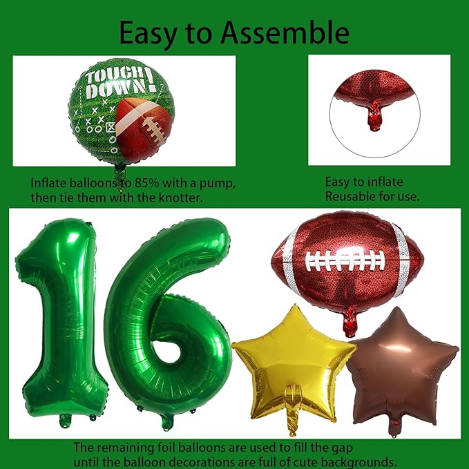 Football Birthday Decorations - 16th Birthday Balloon Rugby Gold Brown Star Touchdown Sports Theme Party Supplies - 10Pcs