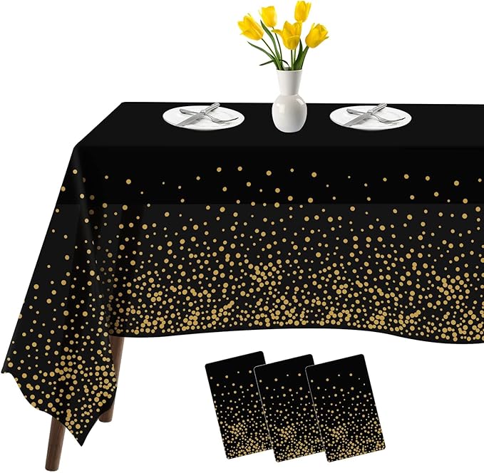 Tablecloths for Rectangle Tables, 3 Pack 54" x 108" Plastic Table Cloth Disposable Table Covers Engagement Party Decorations, Black Gold Dot Tablecloths Disposable Tablecloth for Weddings Buffet Table