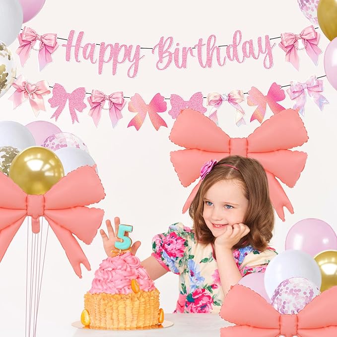 Bow Happy Birthday Banner Set Birthday Decoration Bow Balloon Confetti Latex Balloon Bow Theme Birthday Party Decoration Supplies