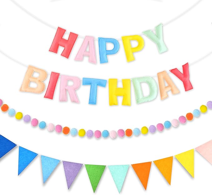 CANREVEL Pre-Strung 3D Happy Birthday Banner, 3 PCS Pastel Felt Garland, Pom Pom Garland, Triangle Fabric Bunting, Reusable Pastel Birthday Decorations for Women Girl