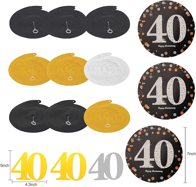 40th Anniversary Decorations Kit - 16 Pcs: 1 Happy Banner, 9 Sparkling 40 Hanging Swirls, 6 Poms - Wedding Party Supplies