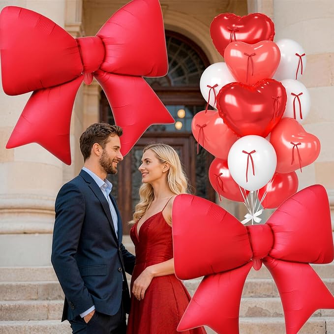 Red Heart Balloons, 38 Inch Bow Balloons, 16Pcs Red White Valentines Balloon Foil Balloon with Bow Ribbons for Birthday Wedding Bridal Baby Shower Valentines Day Decorations