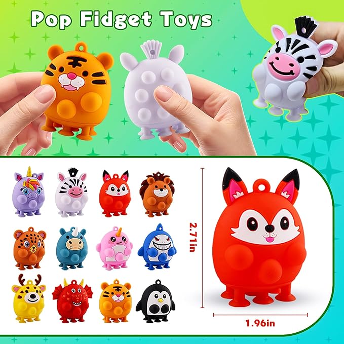 Easter Basket Stuffers for Toddler,12 PCS Party Favors for Kids, Silicone Animal Pop Fidget Toys with Suction, Treasure Box Toys, Goodie Bag Stuffers, Prizes for Kids, Pinata Stuffers