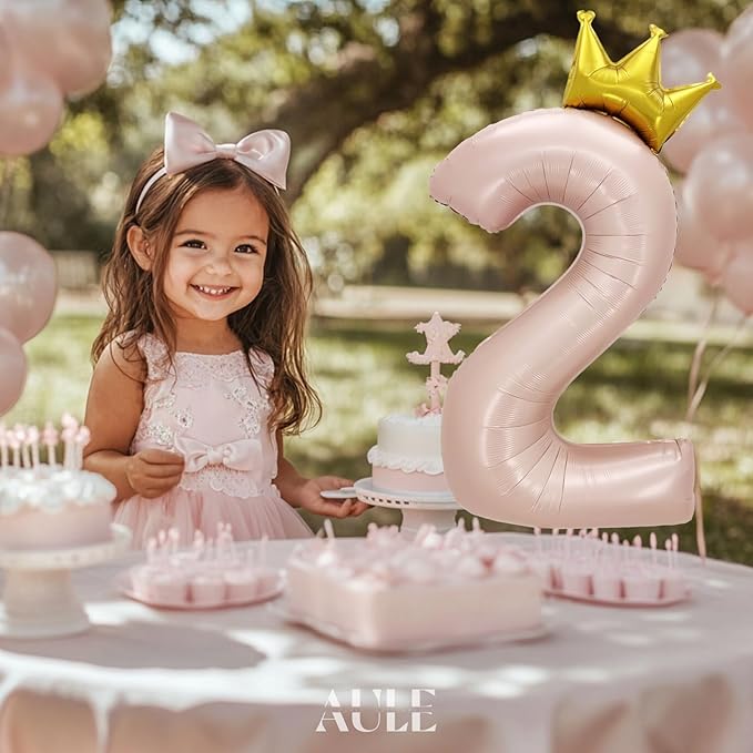 AULE 40 Inch Big Pink 2 Balloon Number with Crown Large Foil Helium Number Balloons 0-9 Jumbo Giant Happy 2nd Birthday Party Decorations Huge Mylar Anniversary Party Supplies