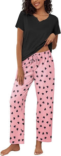 Ekouaer 2 Piece Womens Pajamas V Neck Short Sleeve Top and Long Pants Pjs Print Lounge Set Sleepwear