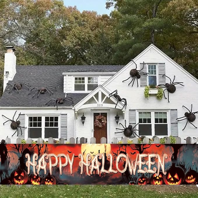 Happy Halloween Banner Large 120 x20 Inch Yard Sign Banner Flag Scary Halloween Party Hanging Decorations for Outdoor Fence Garage Garden Porch Holiday Backdrop Decor