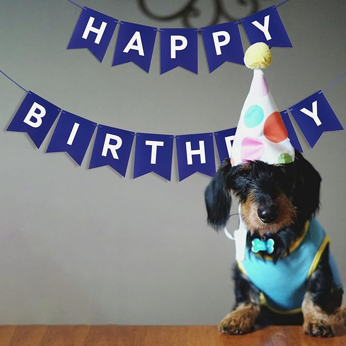Blue Happy Birthday Banner - Navy Blue Hanging Backdrop Sign with White Letters, Happy Birthday Sign Bunting Decorations for Women men Kids Baby Shower Party Supplies (13pcs)