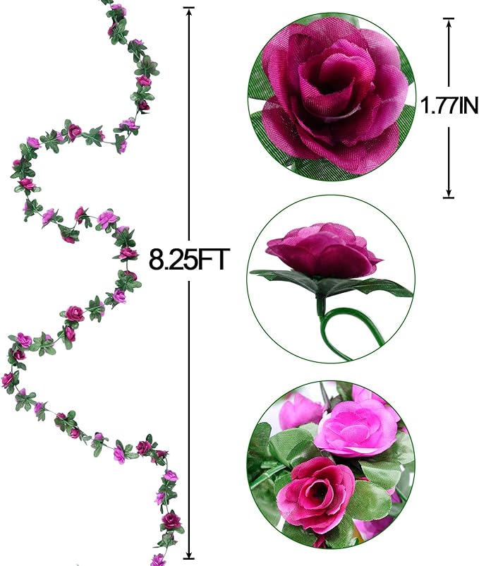Miracliy 8Pcs 66FT Purple Flower Garland, Artificial Rose Floral Vines Fake Hanging Spring Flower Garland for Wall Backdrop Wedding Arch Tea Party Door Mantle Decoration
