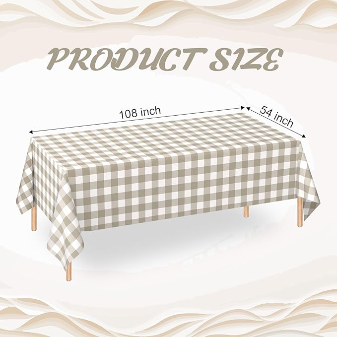 WNINK 3 Pack Brown Checkered Rectangular Plastic Tablecloths, Brown and White Gingham Waterproof Disposable Table Covers 54" x 108" for Birthday, Baby Shower, Wedding, Outdoor Picnic Parties